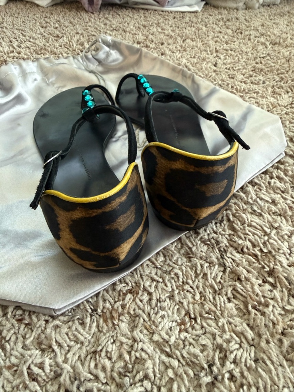 Giuseppe Zanotti Black Sandals with Teal Gem Accents - Picture 2 of 4